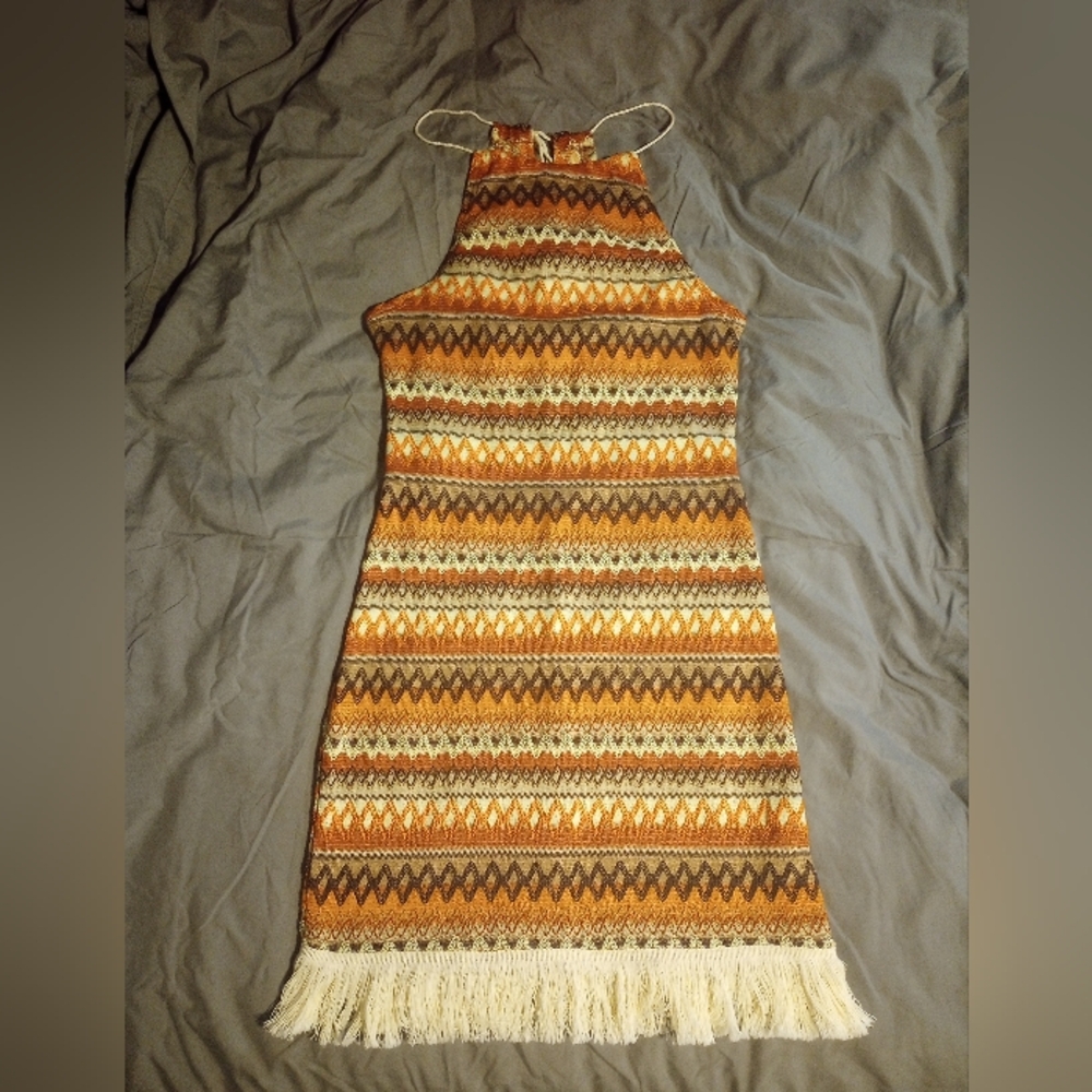 Emery Rose NWT ORANGE, WHITE , BROWN HALTER DRESS (M)-BOHO FESTIVAL STRETCH